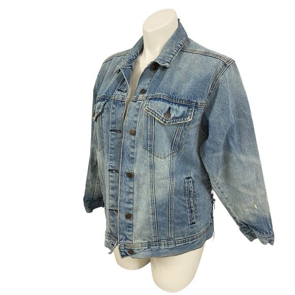 Upcycled Denim Jacket Womens Large Star Boho Grunge Patchwork Folk Art Coachella - Picture 8 of 14